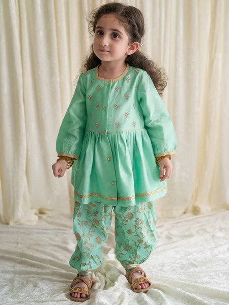 Girls Combo Angrakha Set And Bow Hairclip Gold Print- Green