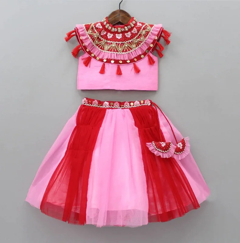 Pre-Order: Red and Pink High Neck Embroidered Lehenga