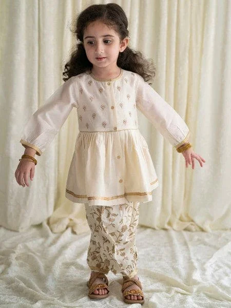 Girls Combo Angrakha Set And Bow Hairclip Gold Print- Cream