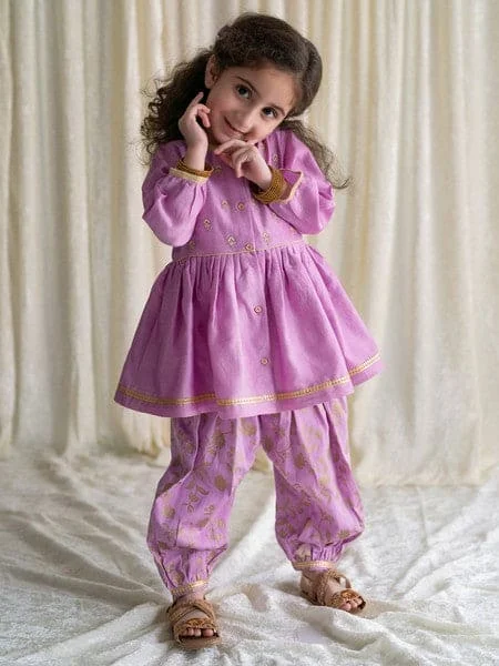 Baby Girl Chanderi Angrakha Suit Set Embroidered- Purple