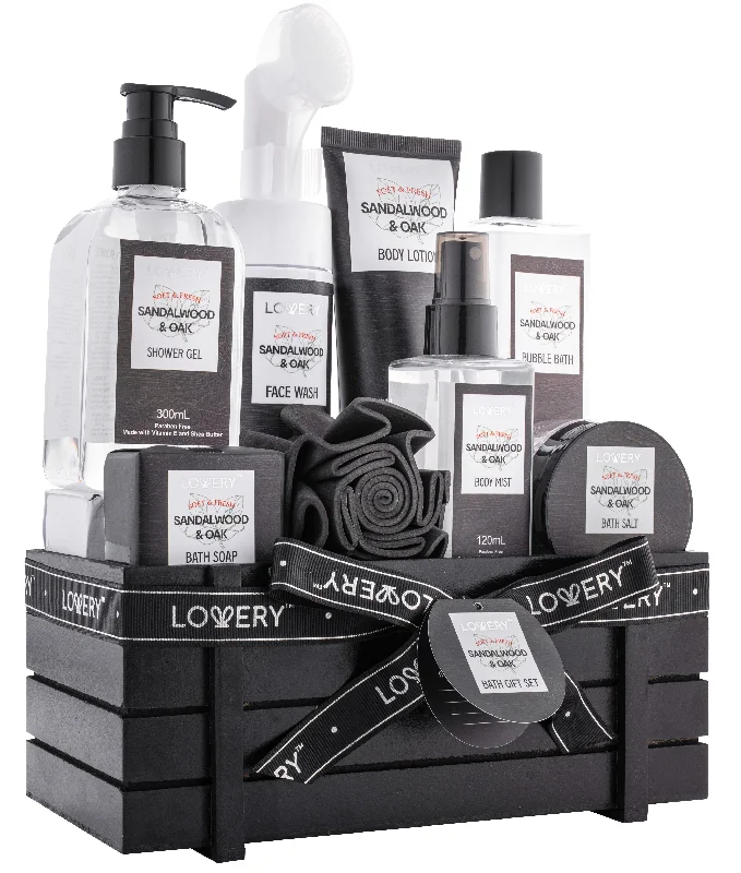 Luxury Spa Kit for Men - Sandalwood & Oak Scented Bath Gift Set & Shower Basket