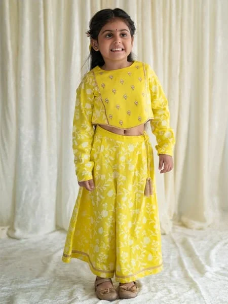 Girl Ethnic Co-ord Set Embroidered- Yellow