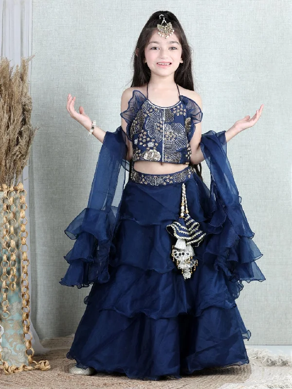 Pre-Order: Blue Organza Lehenga with Handmade latkans