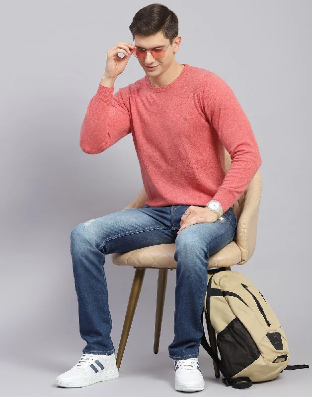 Men Pink Solid Round Neck Full Sleeve Pullover