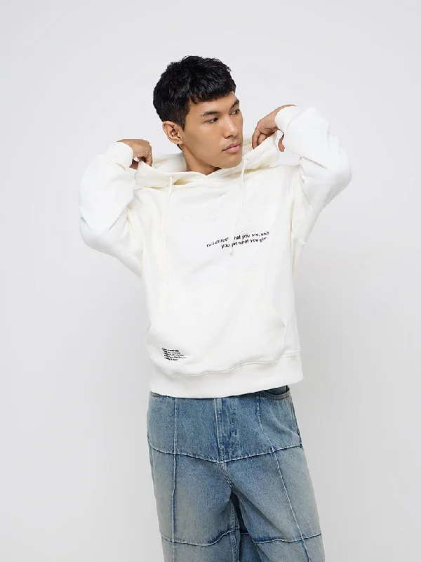 Nuon White Text Embossed Relaxed-Fit Cotton Hoodie