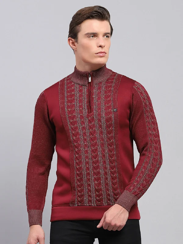 Men Maroon Self Design Mock Neck Full Sleeve Pullover