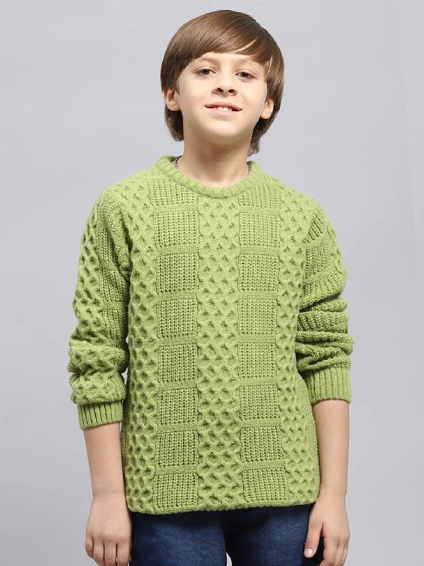 Boys Green Self Design Round Neck Full Sleeve Pullover