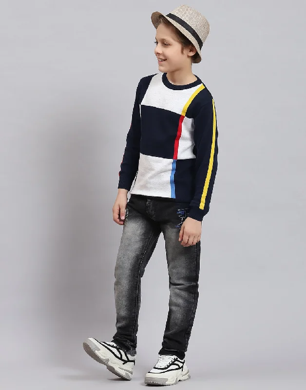 Boys Navy Blue Self Design Round Neck Full Sleeve Sweater