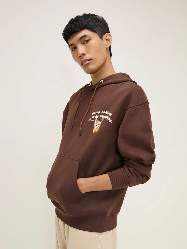 Nuon Brown Typographic Relaxed-Fit Sweatshirt