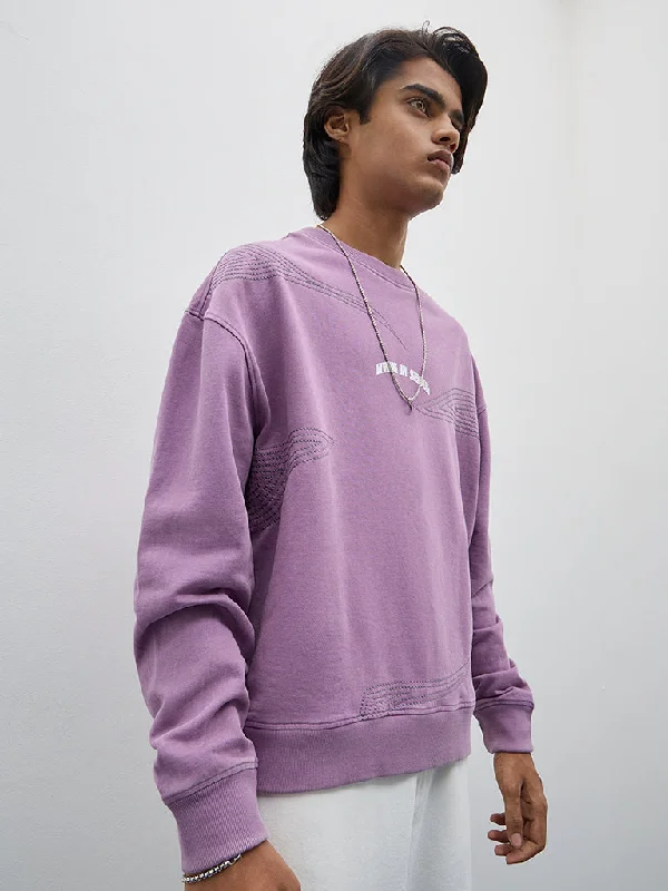 Nuon Purple Embroidered Relaxed-Fit Cotton Sweatshirt