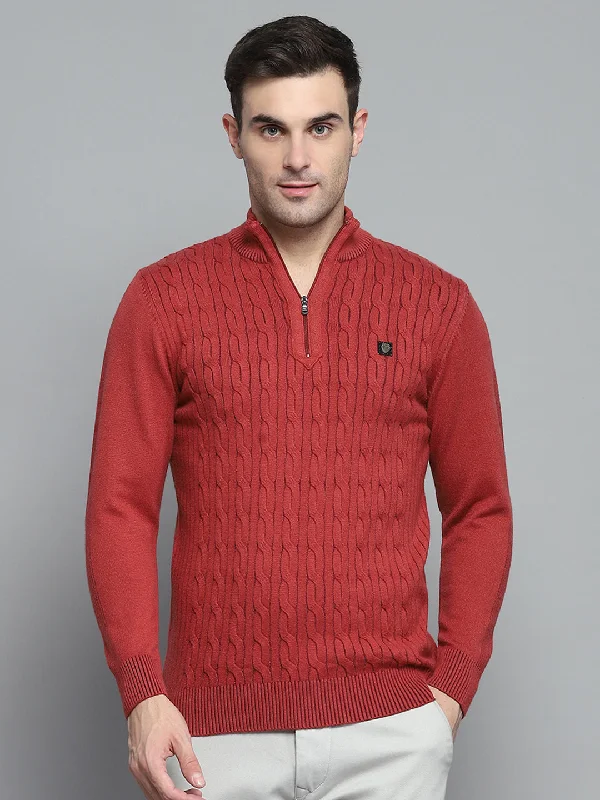 Men Rust Self Design Mock Neck Full Sleeve Pullover