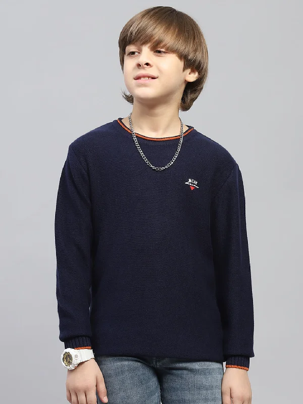 Boys Navy Blue Solid Round Neck Full Sleeve Pullover