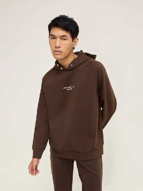 Studiofit Brown Text Design Relaxed-Fit Hoodie