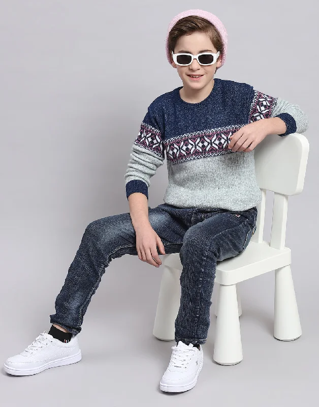 Boys Grey Self Design Round Neck Full Sleeve Sweater