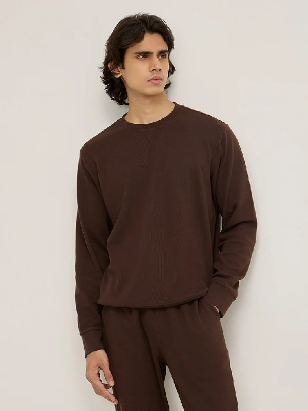 WES Lounge Brown Waffle-Textured Relaxed-Fit Sweatshirt