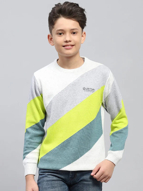 Boys White Self Design Round Neck Full Sleeve Pullover