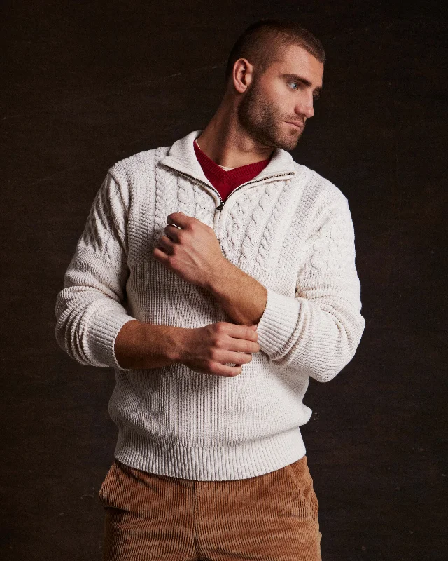 Holiday Cable Yoke Quarter Zip Sweater in Ecru