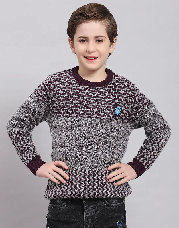 Boys Grey Self Design Round Neck Full Sleeve Sweater