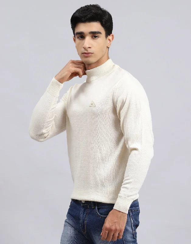 Men Cream Solid Turtle Neck Full Sleeve Pullover