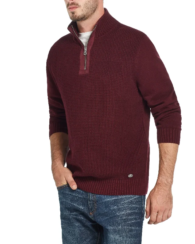 Waffle Texture 1/4 Zip Sweater In Deep Burgundy