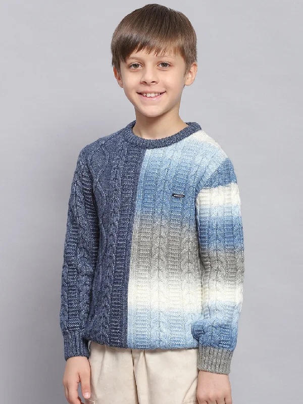 Boys Blue Self Design Round Neck Full Sleeve Sweater