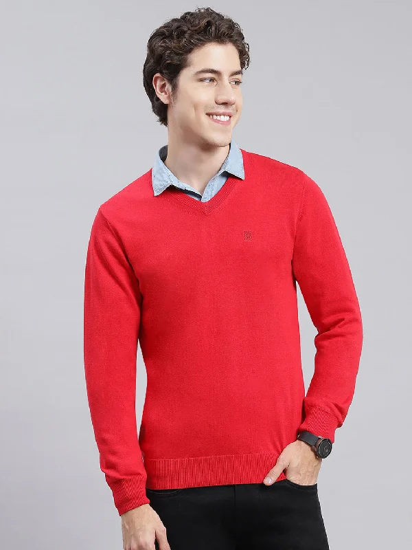 Men Red Solid Cotton Pullover