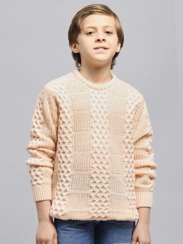 Boys Peach Self Design Round Neck Full Sleeve Pullover