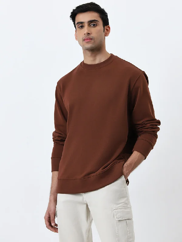 WES Casuals Brown Relaxed-Fit Cotton Blend Sweatshirt