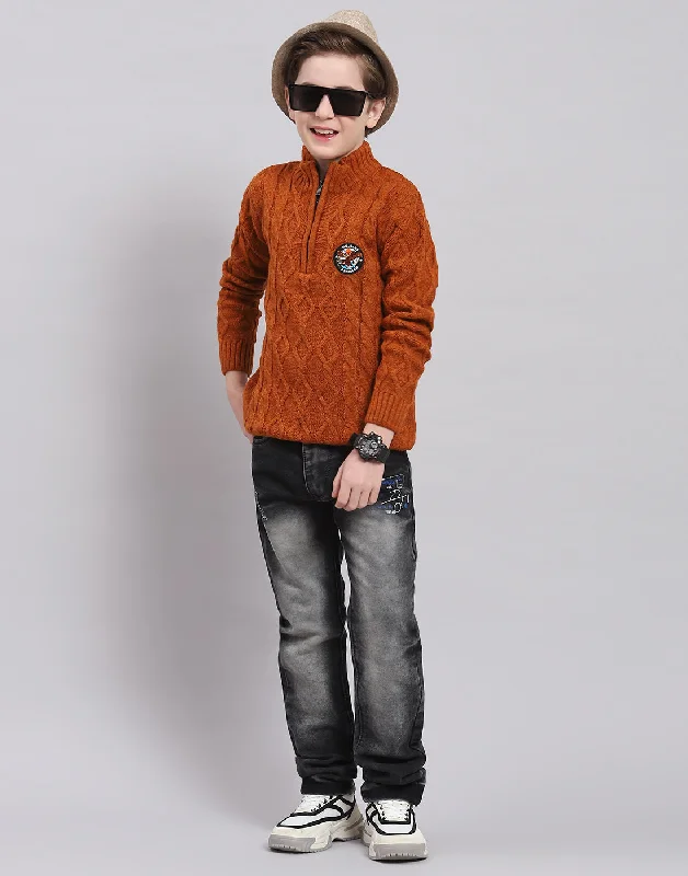 Boys Rust Self Design Round Neck Full Sleeve Sweater