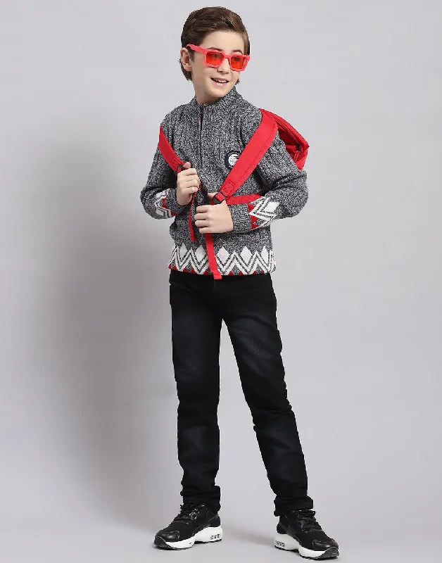 Boys Grey Self Design Round Neck Full Sleeve Sweater