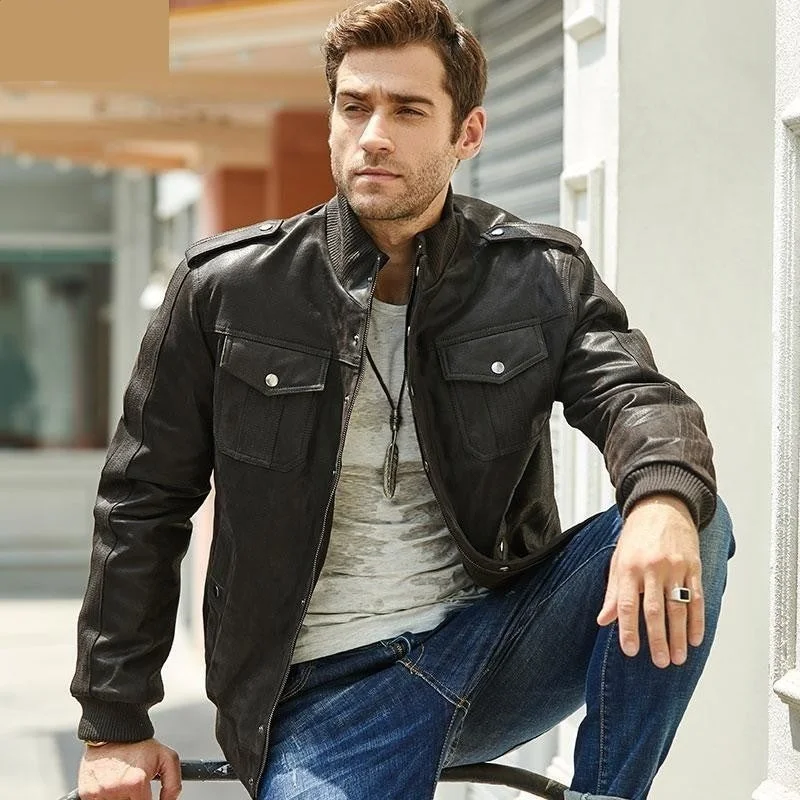 Black Pilot Bomber Warm Jacket Made Of Genuine Pigskin Leather for Men