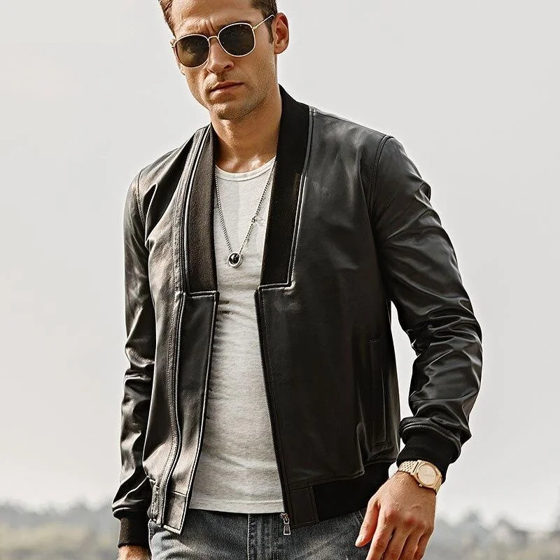 Casual Men's Genuine Lambskin Leather V-Neck Collar Motorcycle Jacket