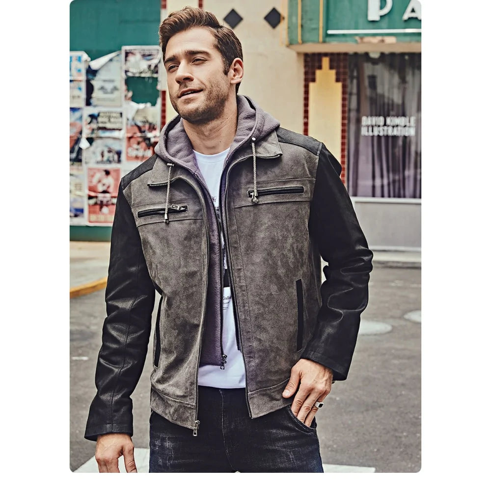 Casual Men's Genuine Pigskin Leather Motorcycle Jacket with Detachable Hood