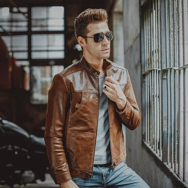 Casual Men's Genuine Pigskin Leather Zipper Motorcycle Bomber Jackets