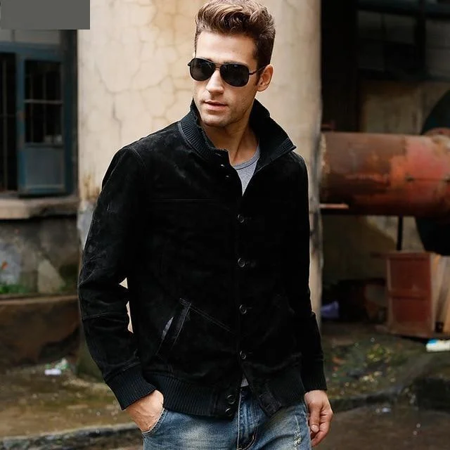 Casual Men's Real Pigskin Leather Elastic Thread Winter Warm Jacket