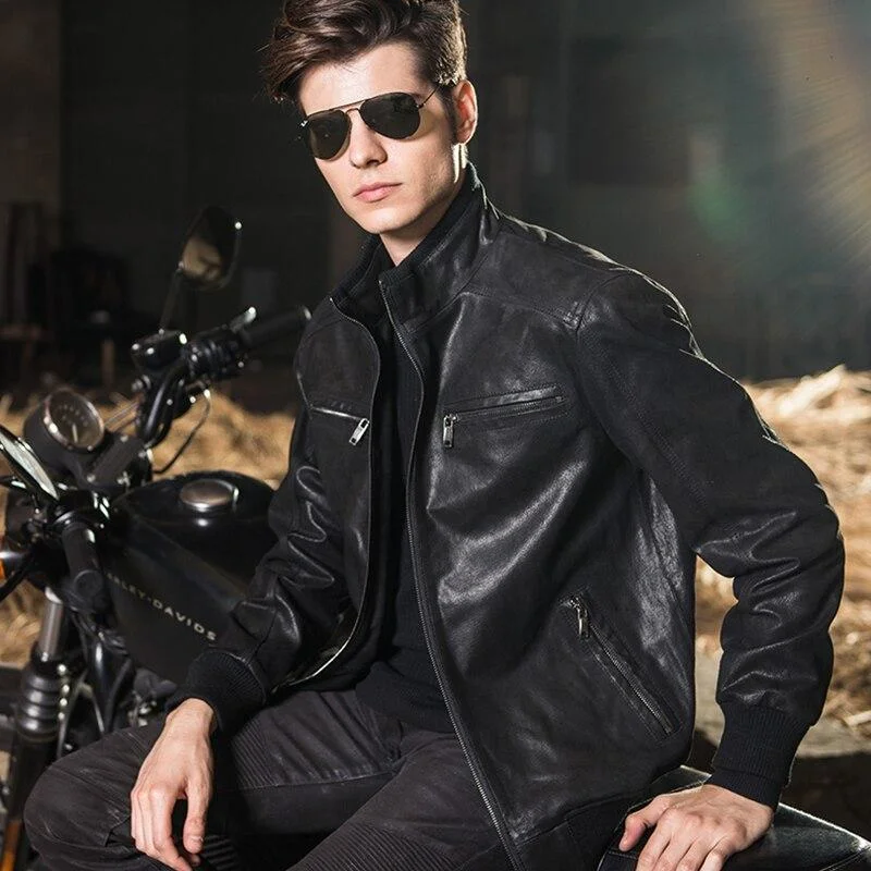 Casual Men's Real Pigskin Leather Solid Zipper Motorcycle Bomber Jackets