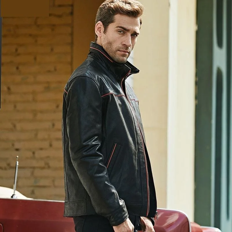 Casual Men's Real Pigskin Leather Zipper Jacket with Standing Collar