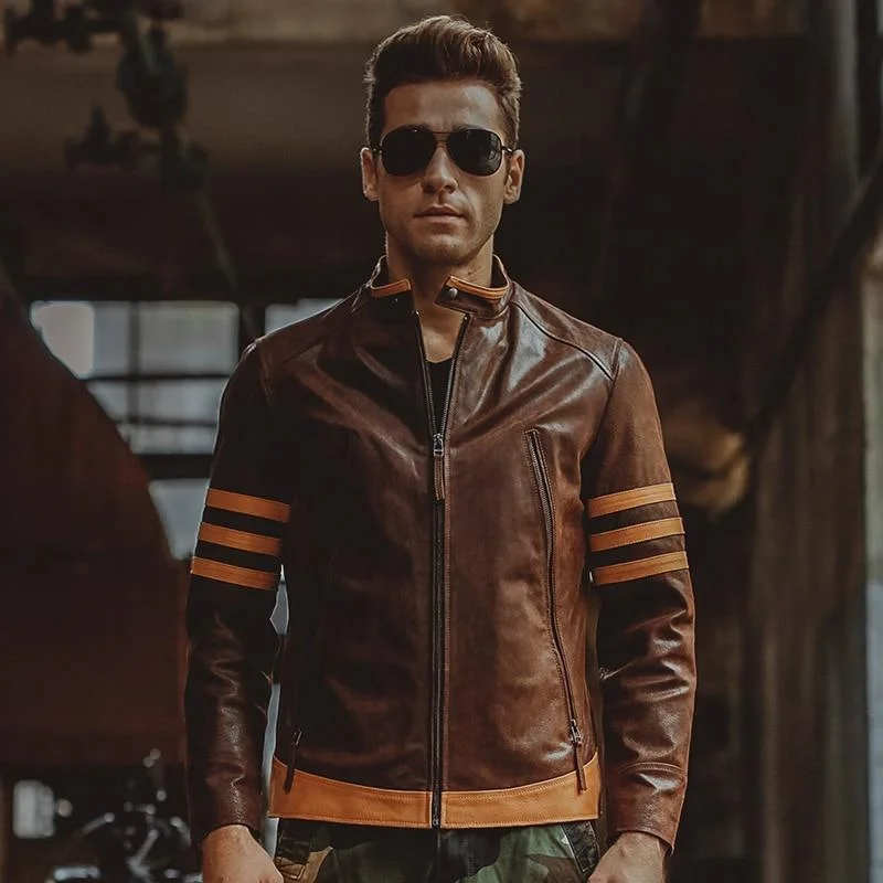 Casual Slim Men's Genuine Pigskin Leather Biker Motorcycle Winter Jackets