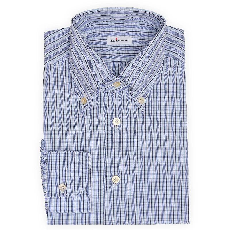 KITON Napoli Handmade Blue Plaid Cotton Dress Shirt EU 39 NEW US 15.5