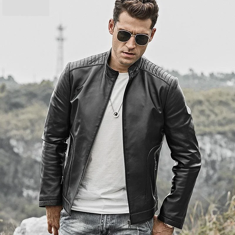 Men's Black Real Lambskin Leather Motorcycle Jacket with Standing Collar