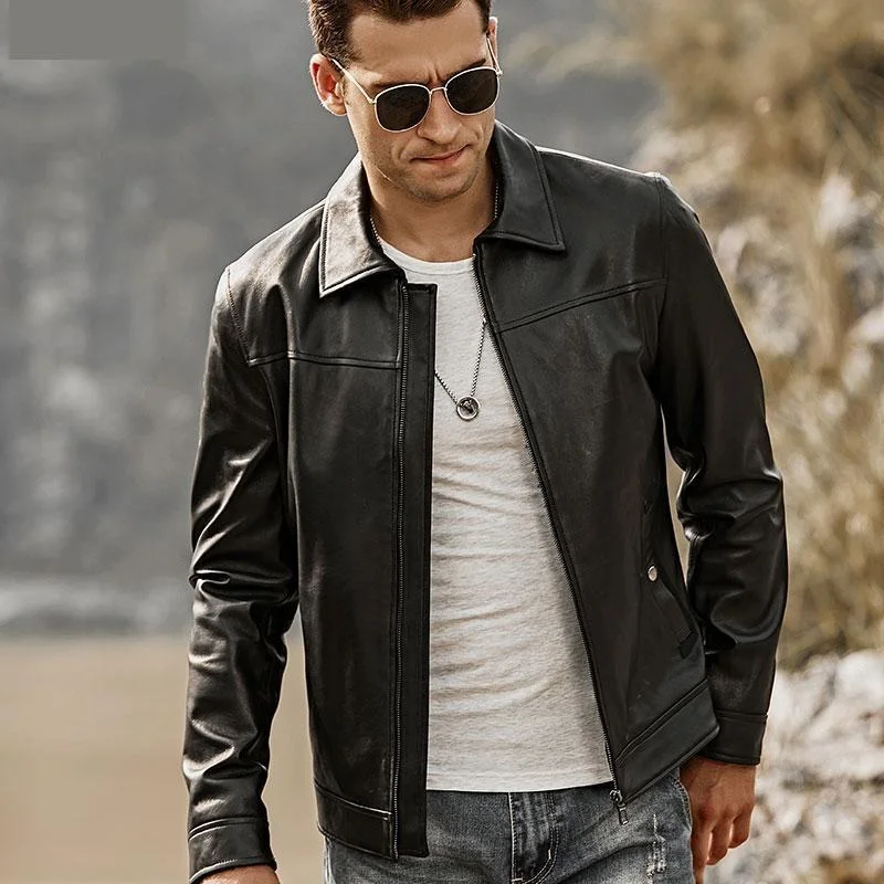 Men's Black Real Lambskin Leather Motorcycle Jacket with Turn-down Collar