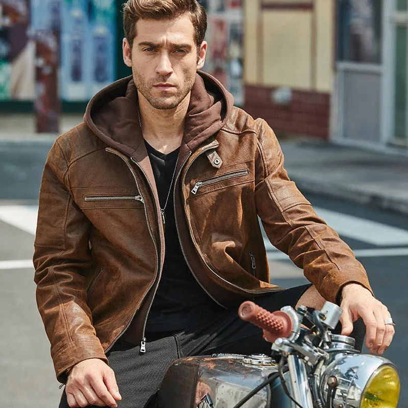 Men's Brown Warm Jacket Made Of Genuine Leather with a Removable Hood