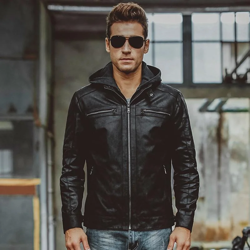 Men's Double Closure Leather Motorcycle Jacket with Removable Hooded Hat