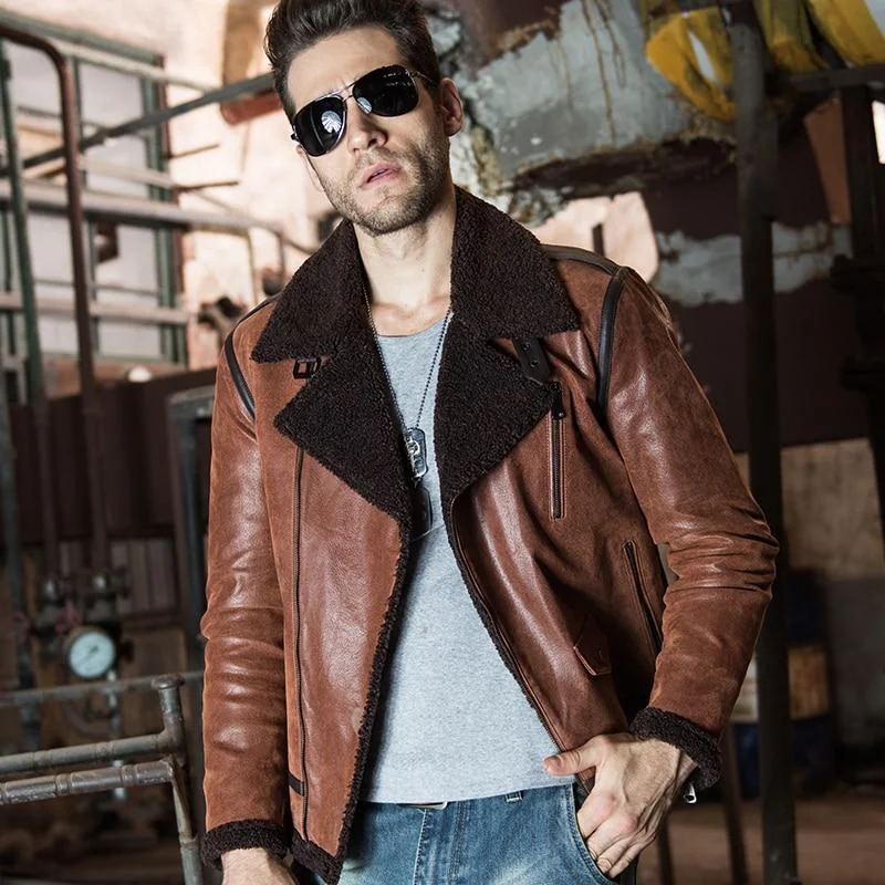 Men's Genuine Leather Motorcycle Bomber Jackets with Faux Fur Shearling