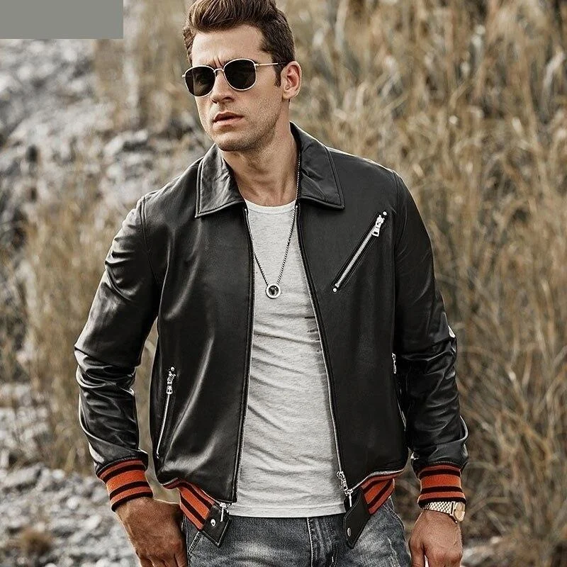 Men's Genuine Leather Motorcycle Slim Fit Biker Jacket with Zipper Closure