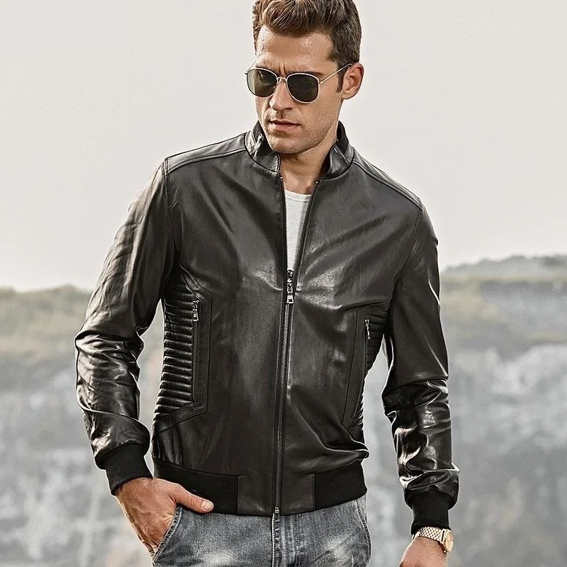 Men's Genuine Leather Slim Fit Motorcycle Jacket with Standing Collar