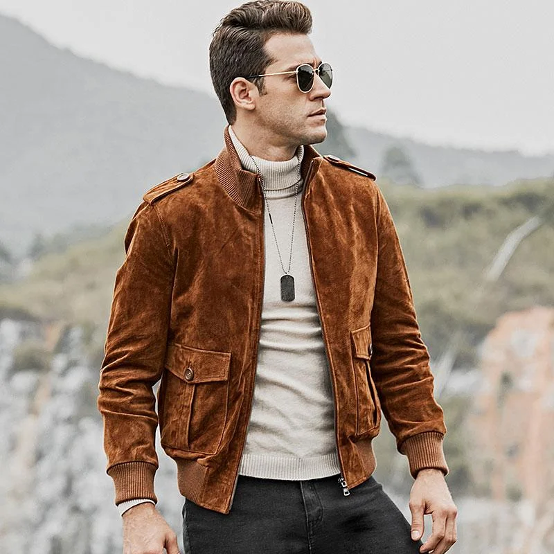 Men's Genuine Pigskin Leather Motorcycle Bomber Jacket with Standing Collar