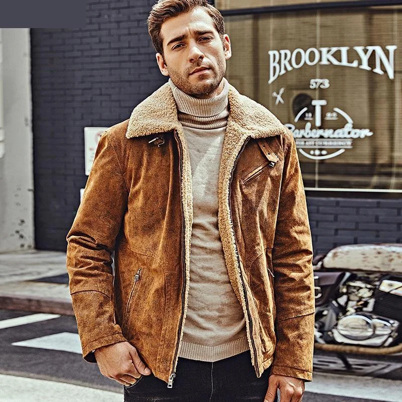 Men's Genuine Pigskin Leather with Faux Shearling Motorcycle Jacket Bomber