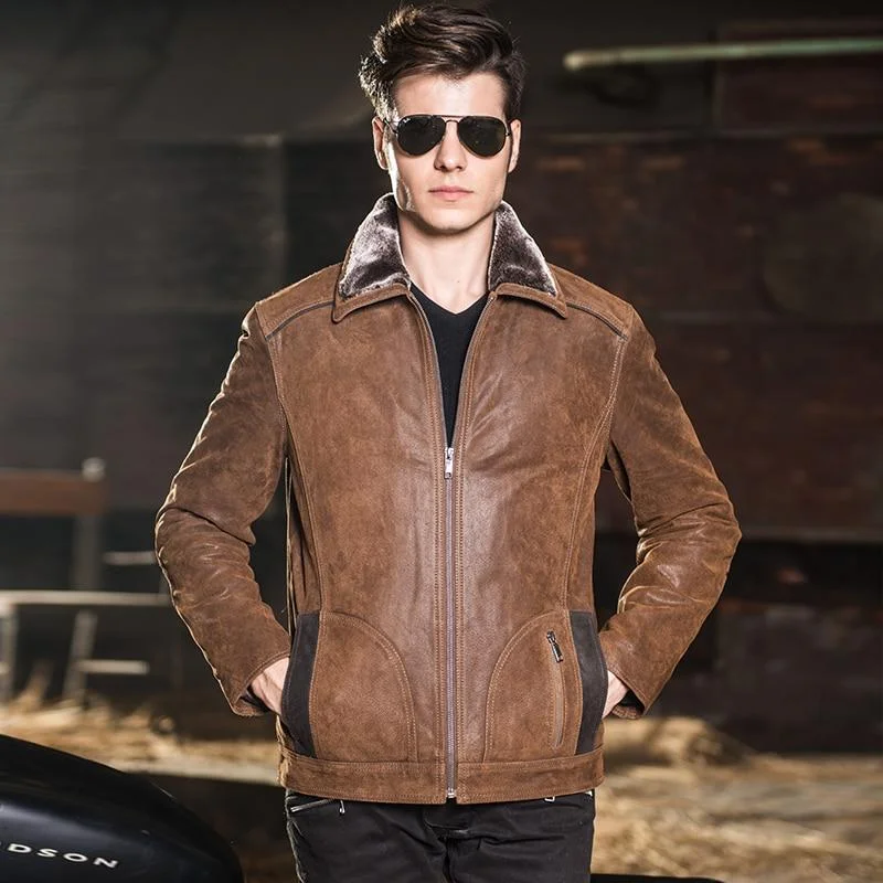 Men's Genuine Pigskin Leather Zipper Closure Warm Motorcycle Jacket