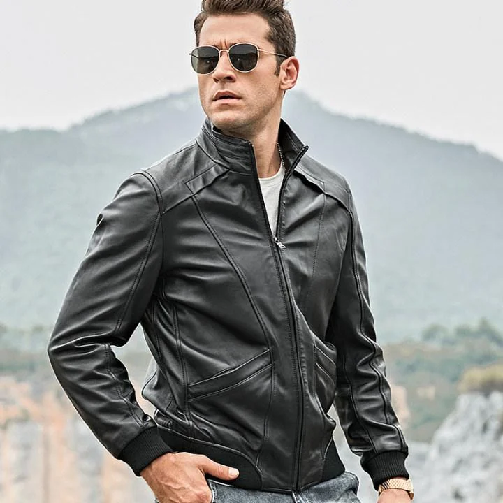 Men's Real Lambskin Leather Motorcycle Jacket with Standing Collar